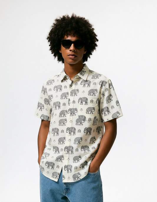 Grey Elephant Print Men's Cotton Shirt By Kartikeya Jaipur