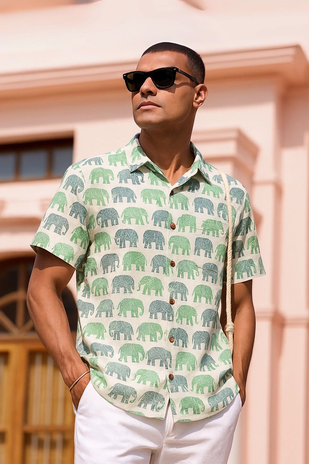 Green Elephant Print Half Shirt for Men