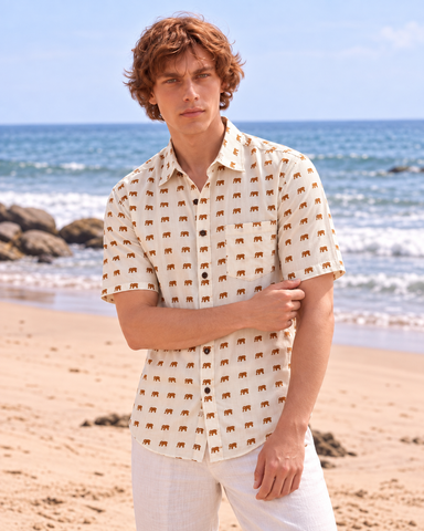 Cotton Half Sleeve Mini Elephant Print Shirt for Men - Yellow
