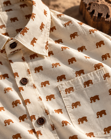 Cotton Half Sleeve Mini Elephant Print Shirt for Men - Yellow