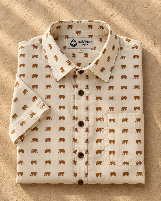 Cotton Half Sleeve Mini Elephant Print Shirt for Men - Yellow