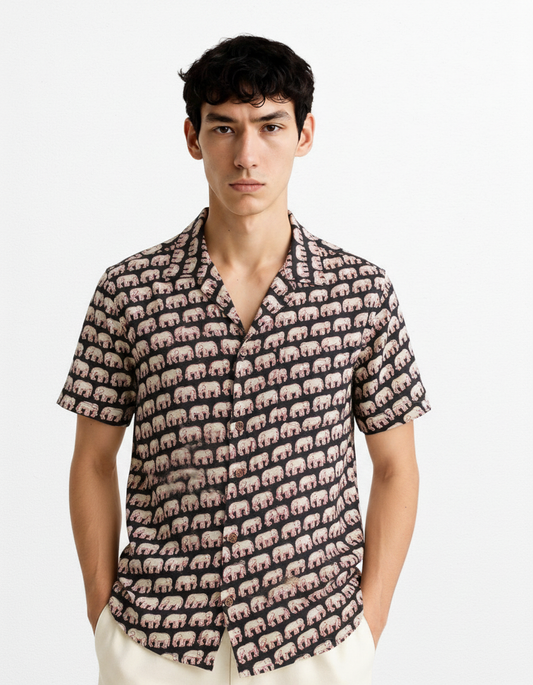 Black Camp Collar Elephant Print Men's Shirt