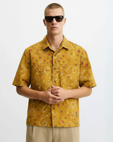 Yellow Bandhej Print Men's Cotton Shirt