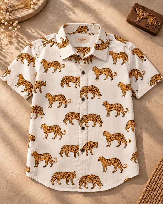 Leopard Print Half Sleeve Cotton Shirt for Men
