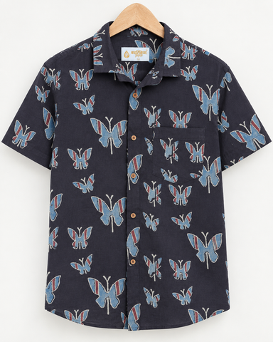 Classic Organic Ajrakh Butterfly Print Men's Half Sleeves Shirt