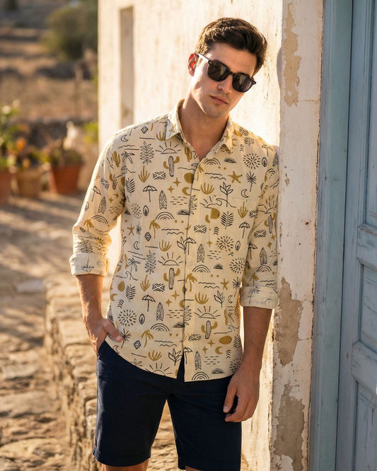 Beige Sun and Sand Cotton Full Sleeve Men's Shirt