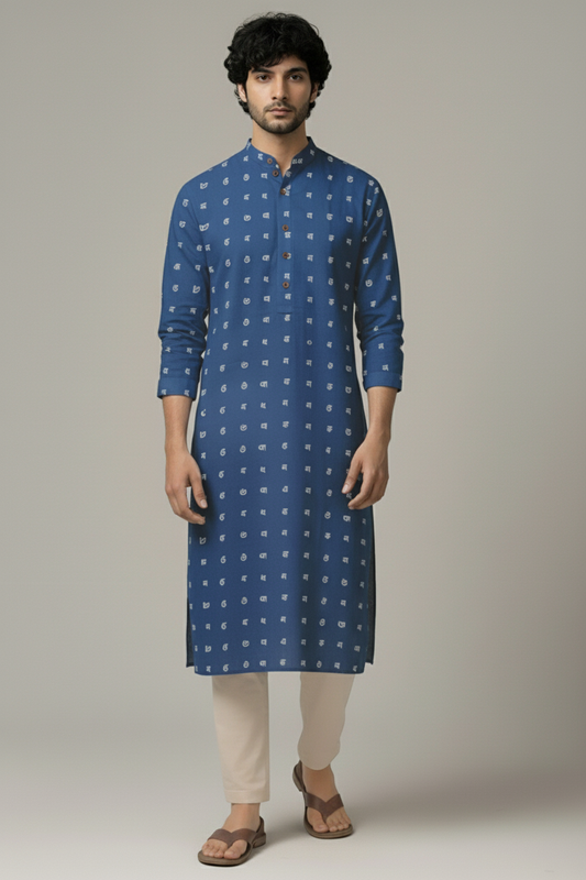 Blue Bangla Alphabets Print Cotton Long Kurta
