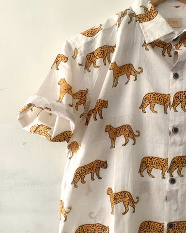 Leopard Print Half Sleeve Cotton Shirt for Men