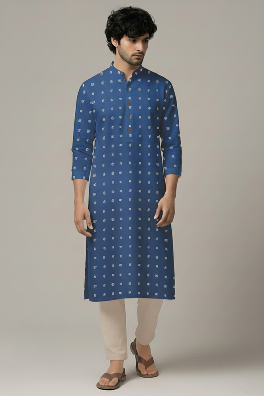 Blue Bangla Alphabets Print Cotton Long Kurta