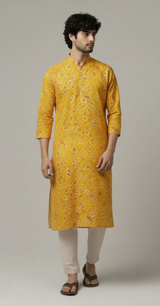 Yellow Bandhani Print Cotton Long Kurta for Men