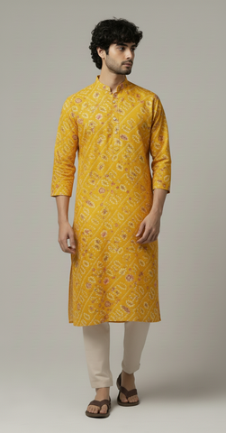 Yellow Bandhani Print Cotton Long Kurta for Men