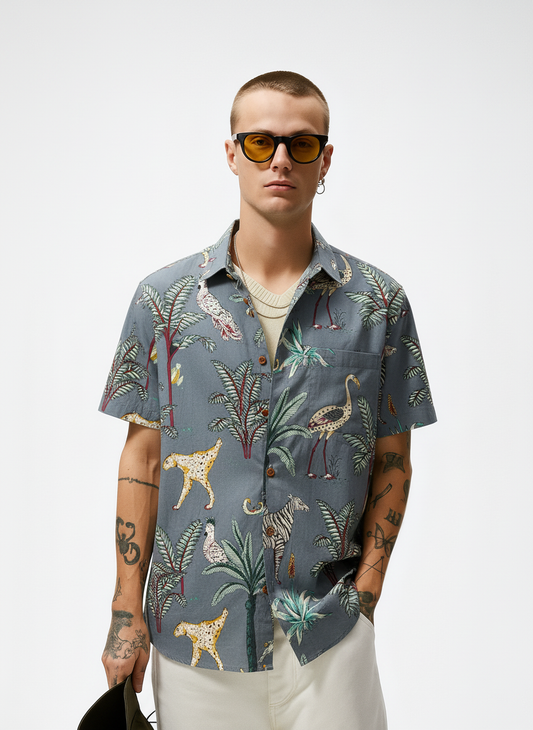 Grey Jungle Print Cotton Shirts For Men