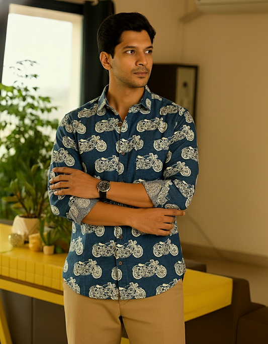 Indigo Full Sleeve Bullet Bike Print Shirt for Men