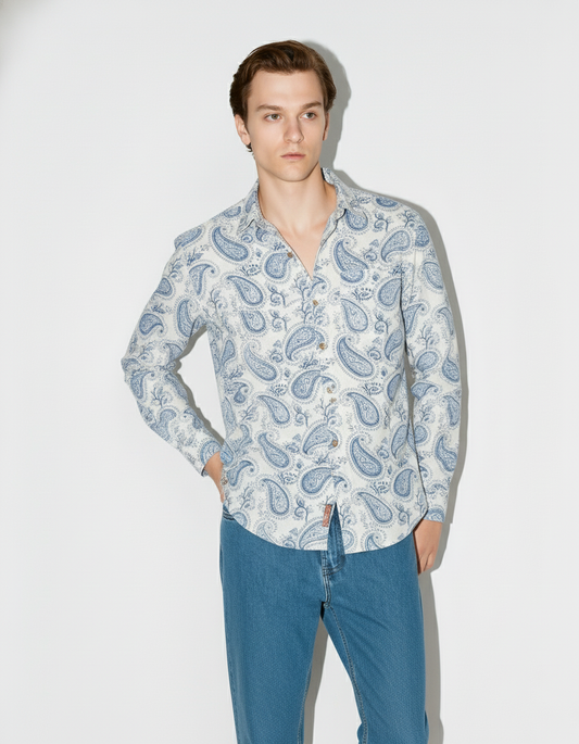 Paisley Print Block Printed Blue Full Sleeve Shirt