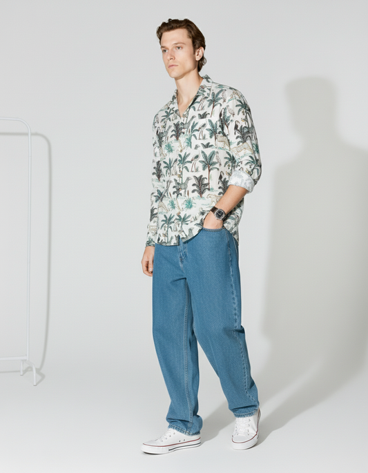 White Jungle Print Full Sleeve Shirt for Men