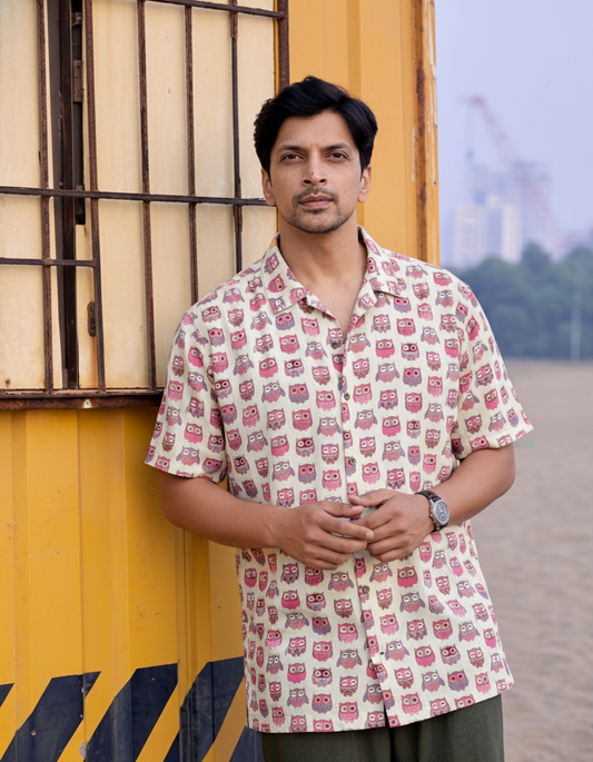 Magenta Owl Print Cuban Cotton Shirt for Men