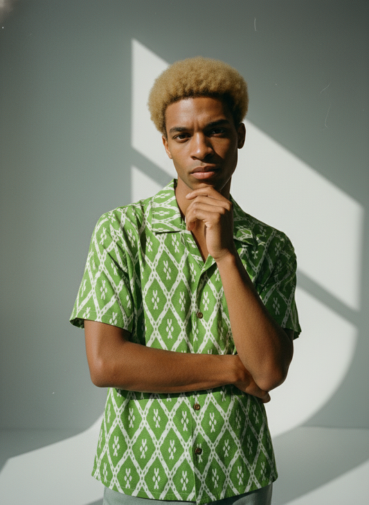 Green Geometric Print Cuban Shirt Men