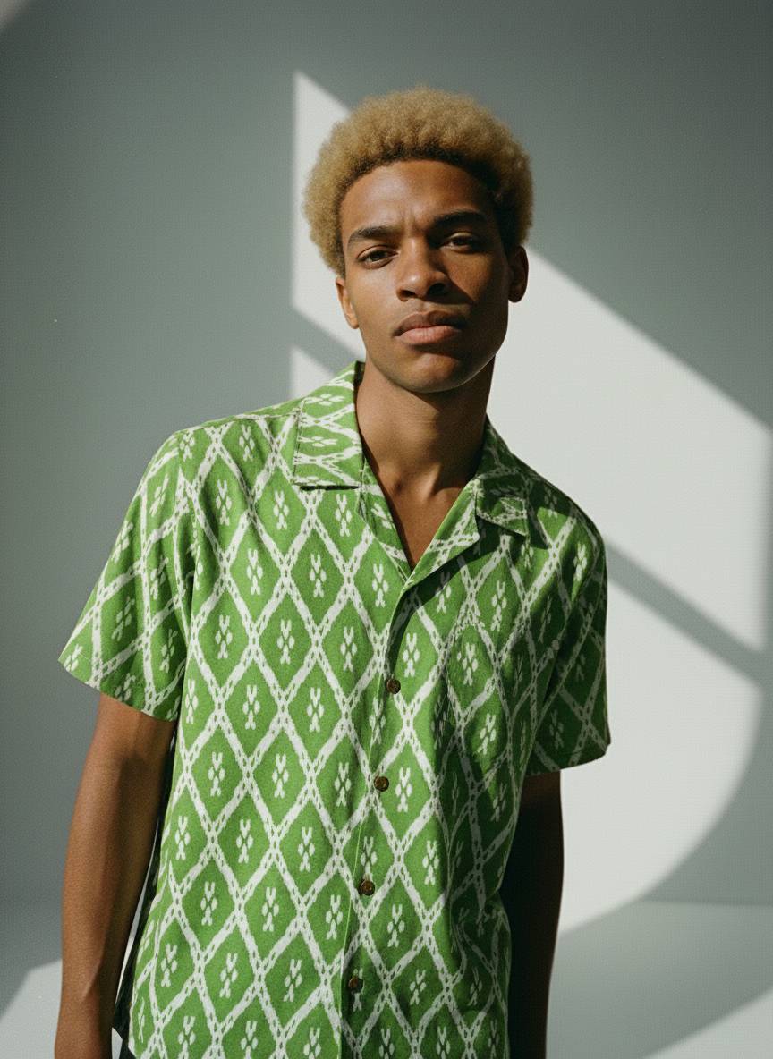 Green Geometric Print Cuban Shirt Men