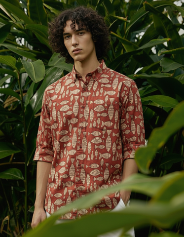Fish Print Red Full Sleeve Quirky Shirt for Men