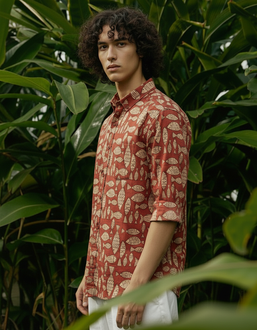 Fish Print Red Full Sleeve Quirky Shirt for Men