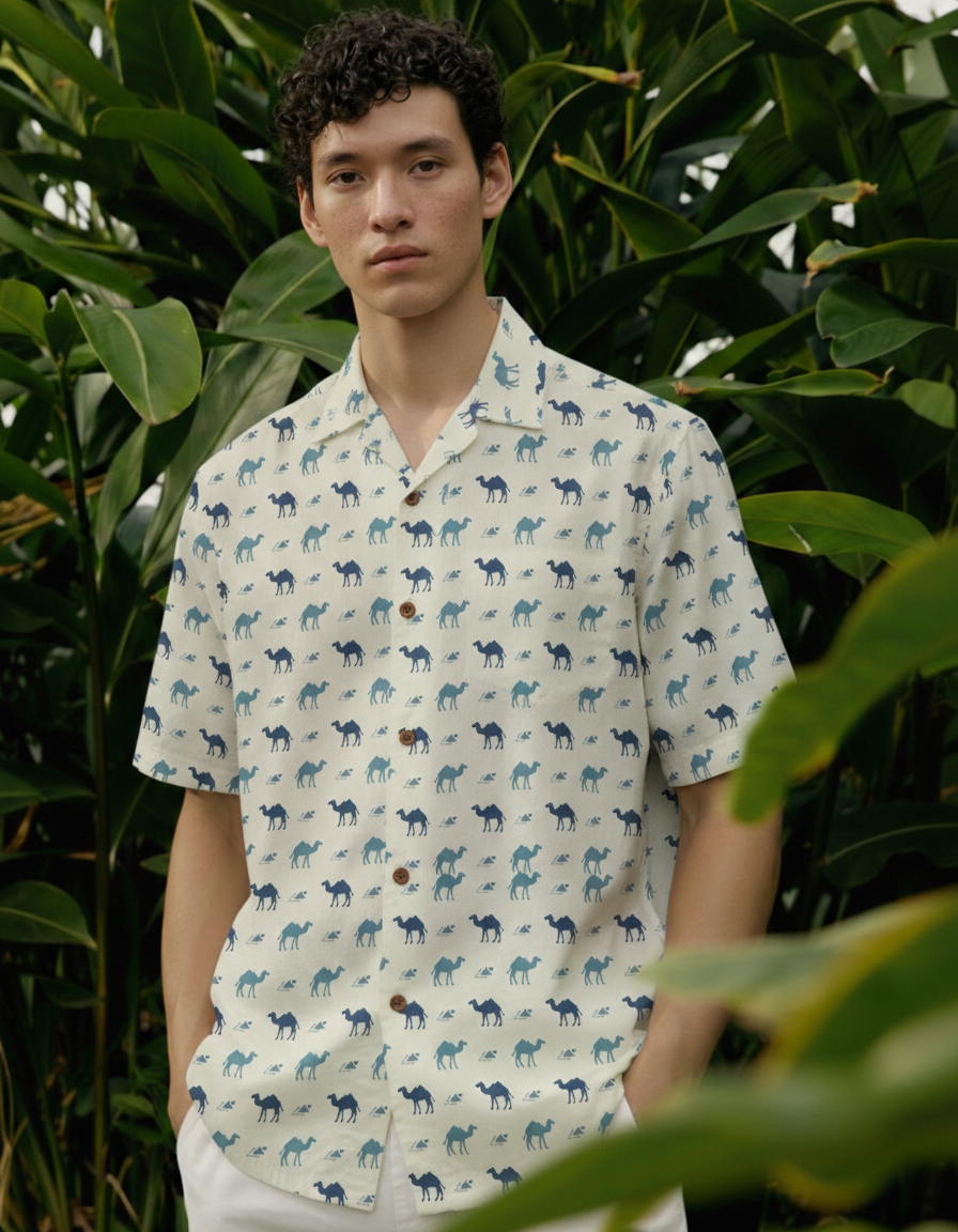 Camel Print Relaxed Fit Camp Collar Shirt for Men