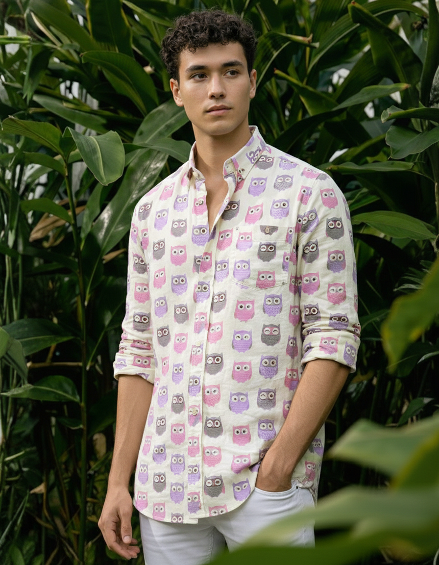 Full Sleeve Owl Print Shirt for Men pink