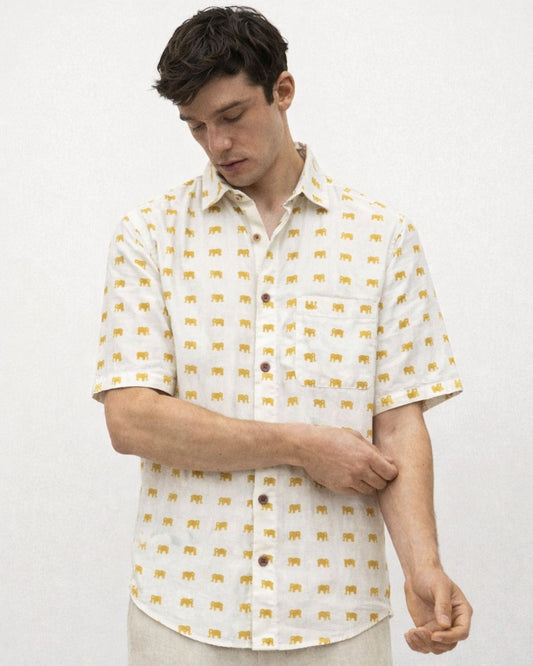 Cotton Half Sleeve Yellow Elephant Print Shirt for Men