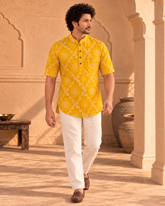 Bandhej Print Half Sleeve Short Kurta for Men - Haldi Ceremony