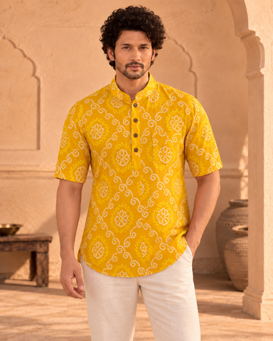 Bandhej Print Half Sleeve Short Kurta for Men - Haldi Ceremony
