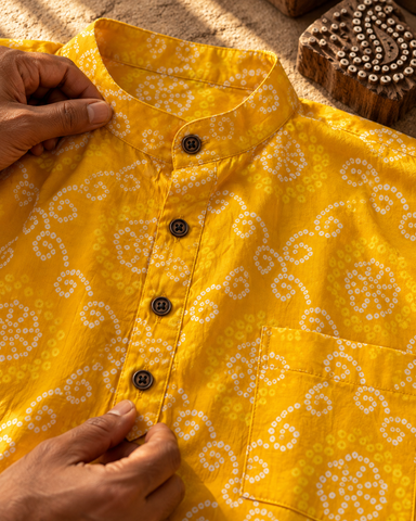 Bandhej Print Half Sleeve Short Kurta for Men - Haldi Ceremony