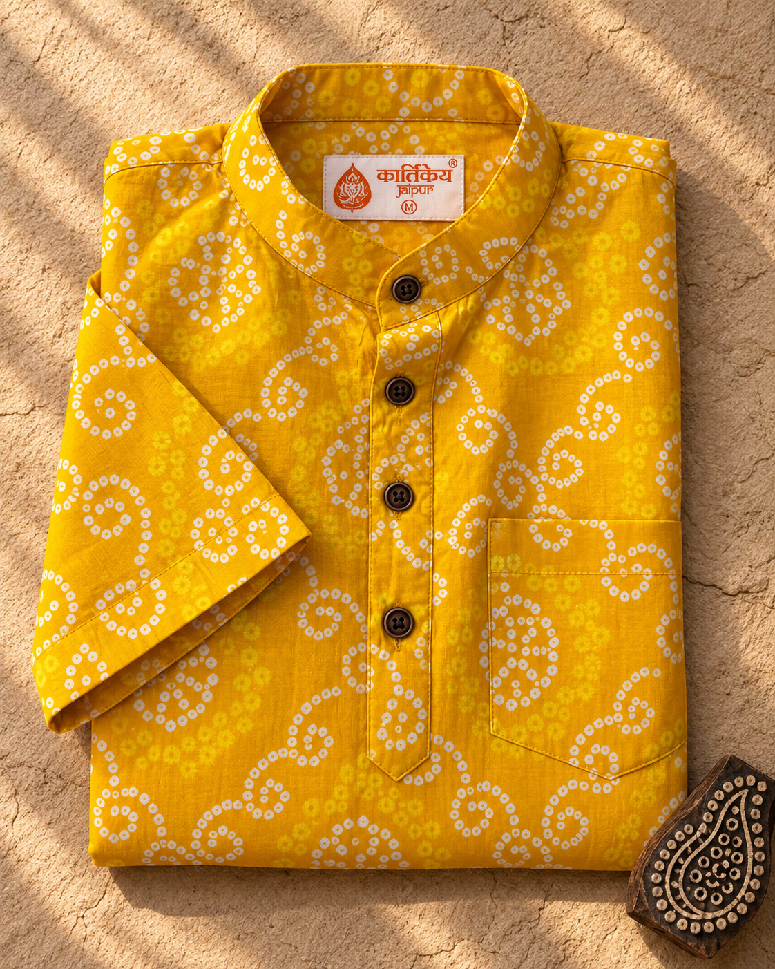 Bandhej Print Half Sleeve Short Kurta for Men - Haldi Ceremony