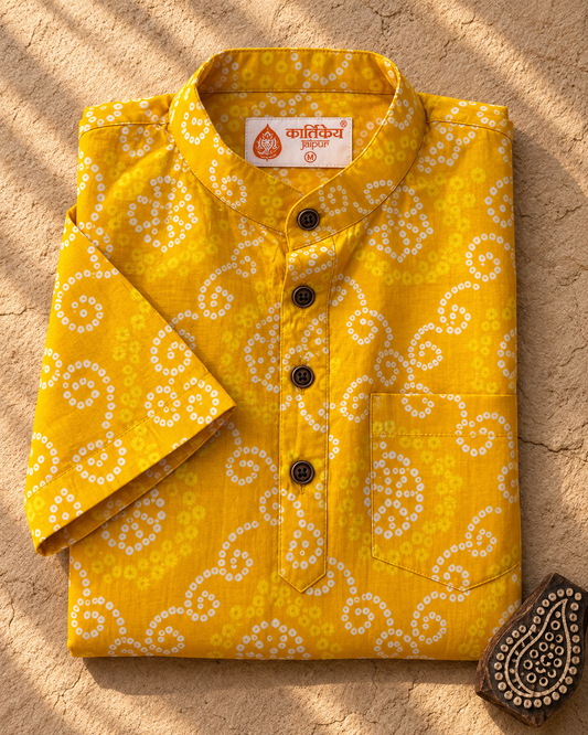 Bandhej Print Half Sleeve Short Kurta for Men - Haldi Ceremony