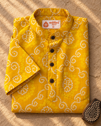 Bandhej Print Half Sleeve Short Kurta for Men - Haldi Ceremony