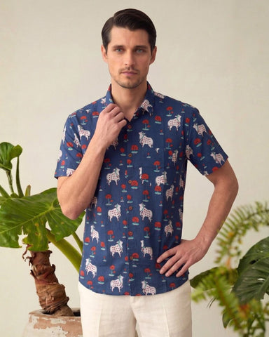 Blue Mens Pichwai Cow Half Sleeve Shirt ( Pre Book - Dispatch by 20th June )