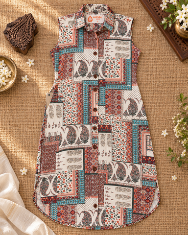 Kalamkari Print Sleeveless Long Shirt Dress for Women