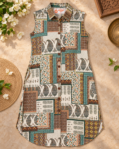 Kalamkari Print Sleeveless Long Shirt Dress for Women - Brown