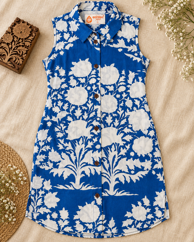 Blue Abstract Floral Long Shirt Dress - Indigo