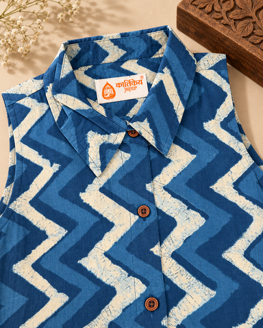 Indigo Zig Zag Printed Long Shirt Dress for Women