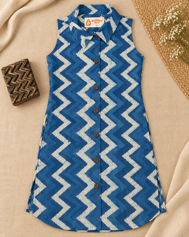Indigo Zig Zag Printed Long Shirt Dress for Women
