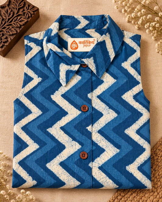 Indigo Zig Zag Printed Long Shirt Dress for Women
