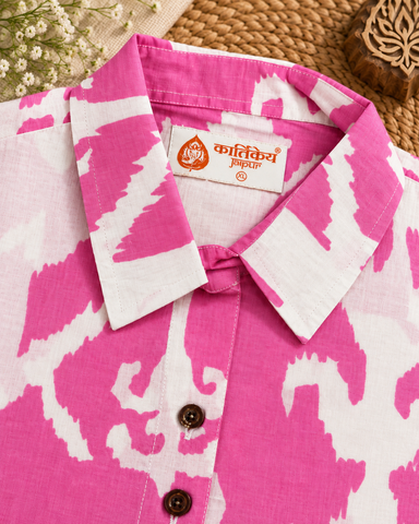 Ikat Print Sleeveless Long Shirt Dress for Women - Pink