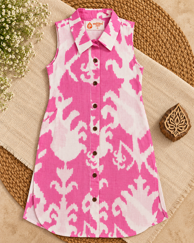 Ikat Print Sleeveless Long Shirt Dress for Women - Pink