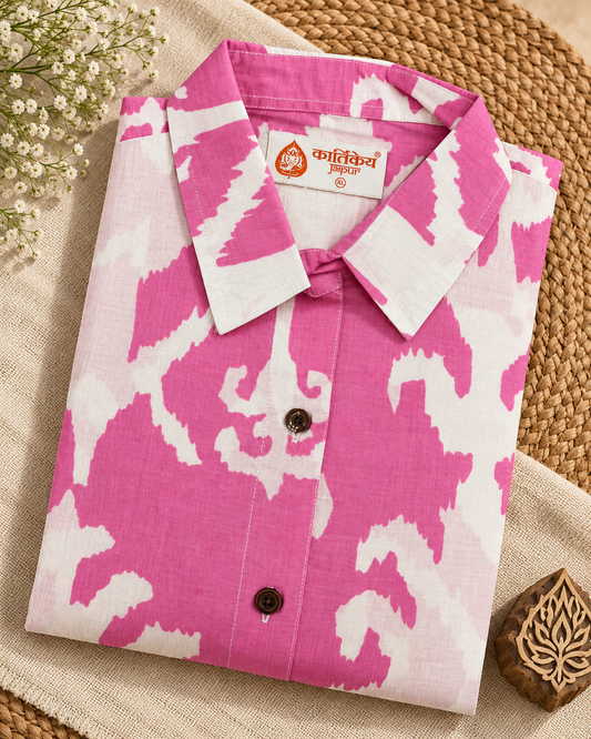 Ikat Print Sleeveless Long Shirt Dress for Women - Pink