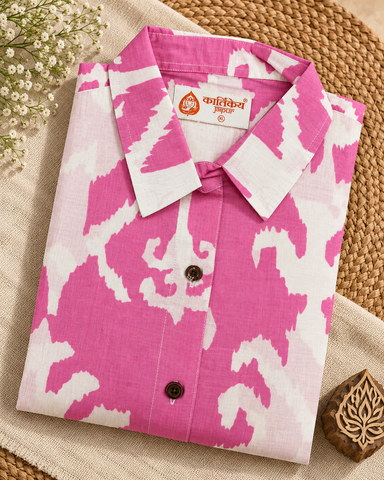 Ikat Print Sleeveless Long Shirt Dress for Women - Pink