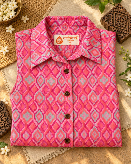Ikat Print Sleeveless Long Shirt Dress for Women - Pink