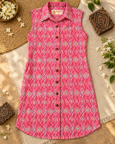 Ikat Print Sleeveless Long Shirt Dress for Women - Pink