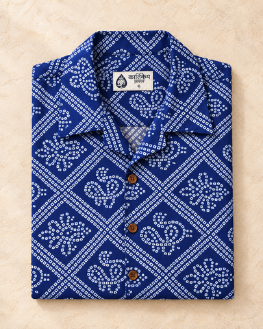 Blue Printed Camp Collar Bandhej Shirt