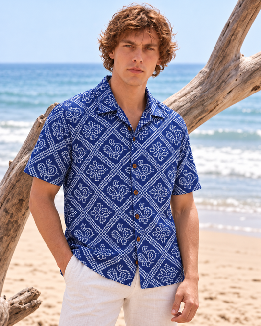 Blue Printed Camp Collar Bandhej Shirt