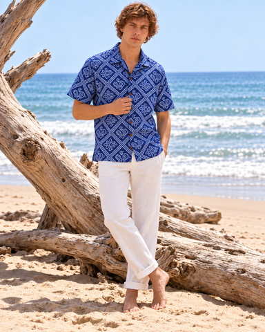 Blue Printed Camp Collar Bandhej Shirt