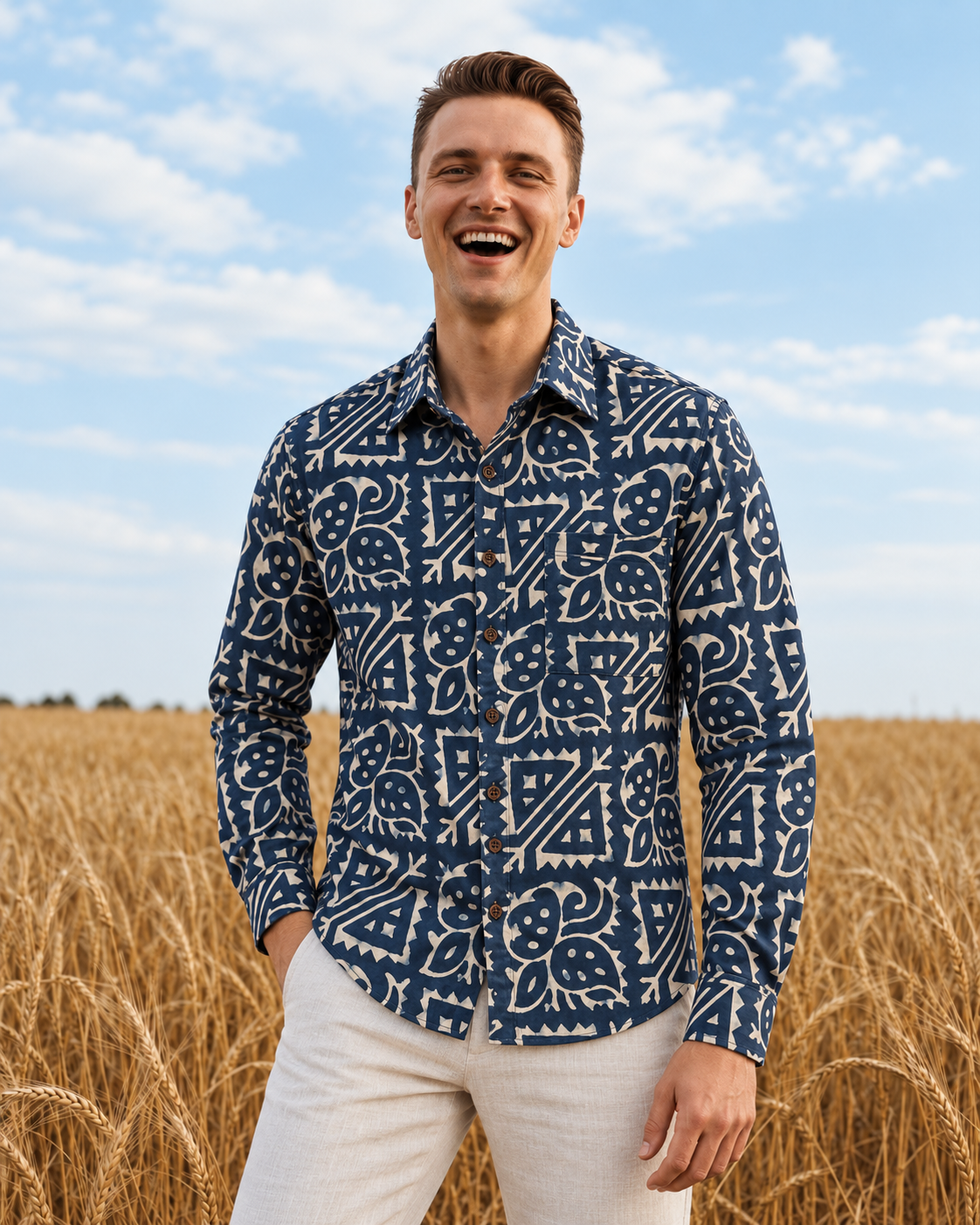 Kartikeya Jaipur Natural Print Indigo Full Sleeves Shirt -Organic ( Pre Book - Dispatch by 10th Oct )